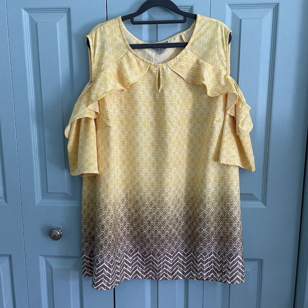 Catherines Womens Cold Shoulder Yellow Ombre Short Sleeve Blouse Top 2X Mature‎